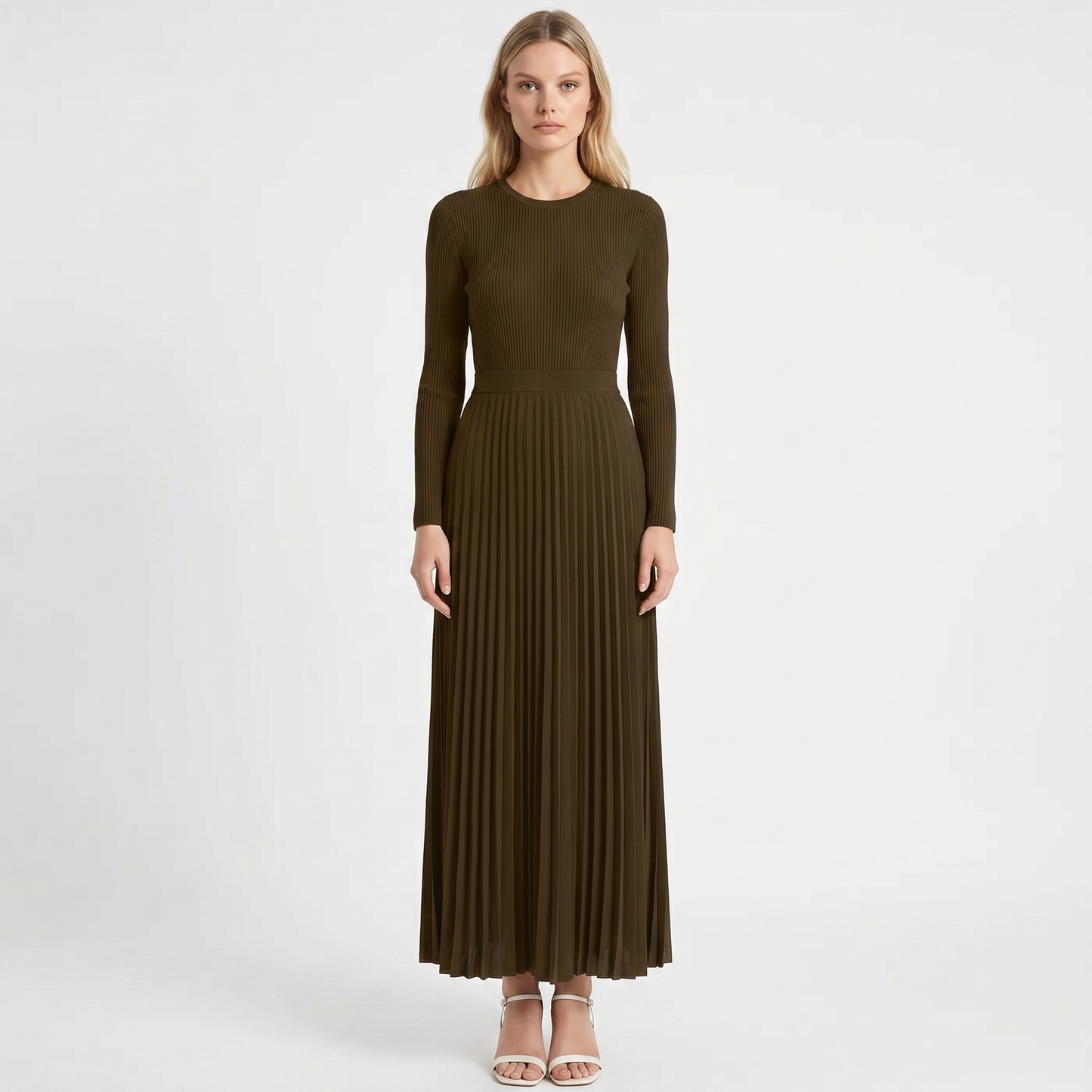 Women's Knit Maxi Dress Long Sleeve Ribbed Bodice Pleated A Line