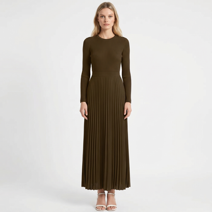 Women's Knit Maxi Dress Long Sleeve Ribbed Bodice Pleated A Line