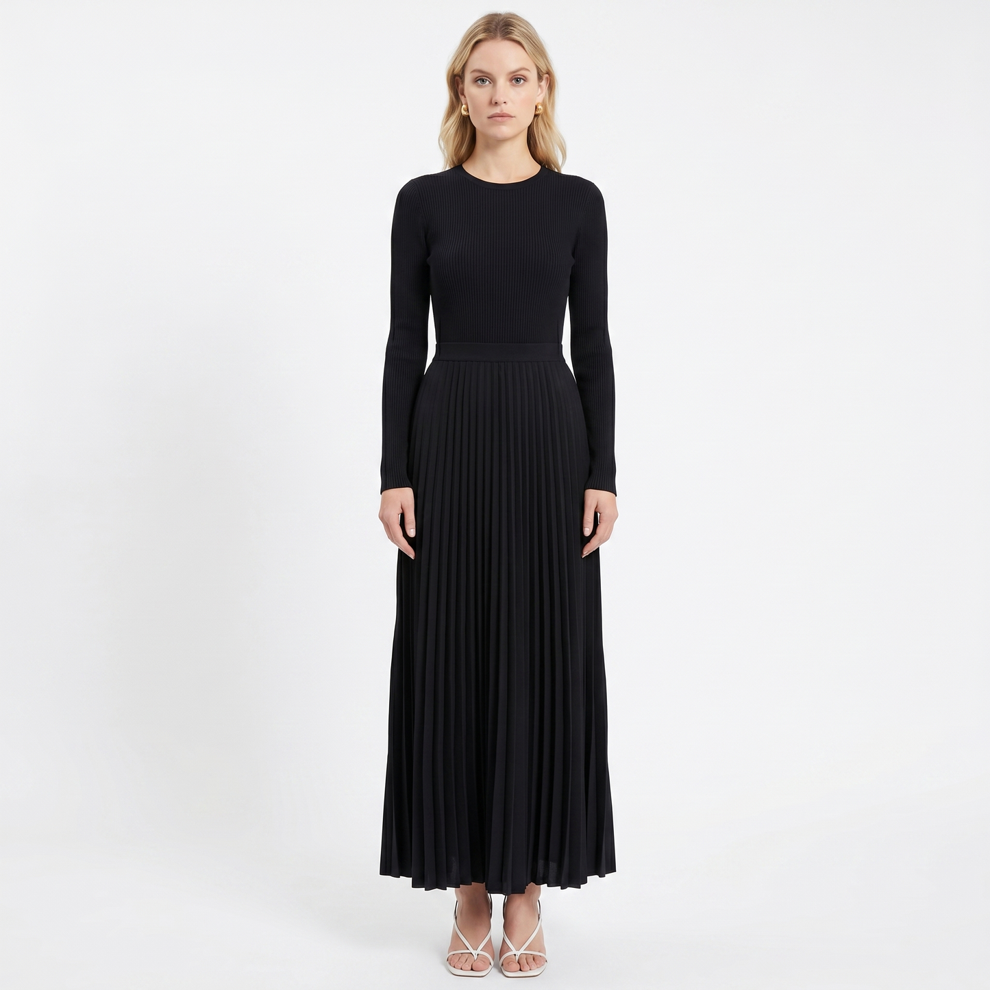 Women's Knit Maxi Dress Long Sleeve Ribbed Bodice Pleated A Line