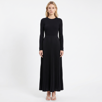 Women's Knit Maxi Dress Long Sleeve Ribbed Bodice Pleated A Line