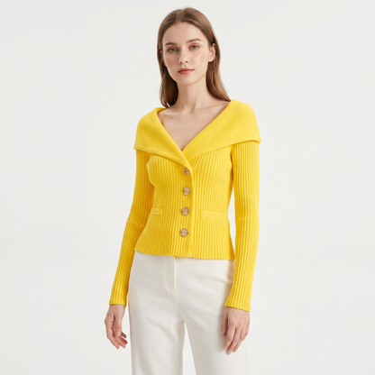 Women's Wide Lapel Bardot Ribbed Knit Cardigan Gold Button Fitted Sweater Jacket