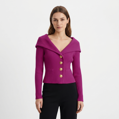 Women's Wide Lapel Bardot Ribbed Knit Cardigan Gold Button Fitted Sweater Jacket
