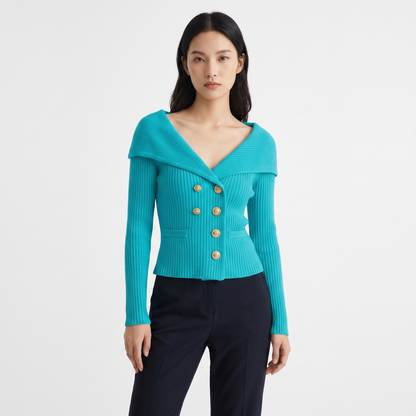 Women's Wide Lapel Bardot Ribbed Knit Cardigan Gold Button Fitted Sweater Jacket