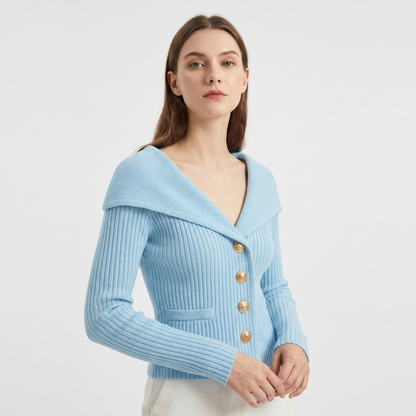 Women's Wide Lapel Bardot Ribbed Knit Cardigan Gold Button Fitted Sweater Jacket