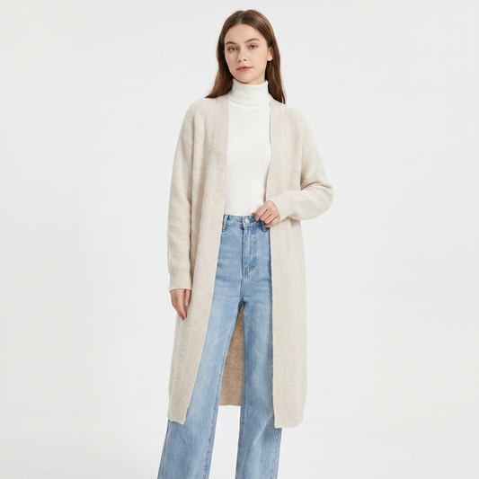 Women's Long Open Front Cardigan Ribbed Trim Oversized Duster Knit Coat Sweater