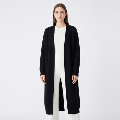 Women's Long Open Front Cardigan Ribbed Trim Oversized Duster Knit Coat Sweater