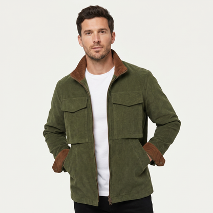 Men's Corduroy Field Jacket Contrast Trim Four Pocket Zip Up Casual Coat