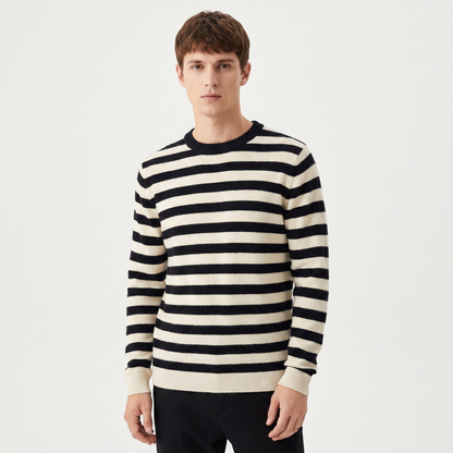 Men's Striped Knit Sweater Crew Neck Breton Stripe Pullover Casual Jumper