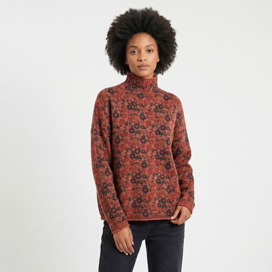 Women's Floral Jacquard Knit Sweater Oversized Mock Neck Vintage Print Pullover