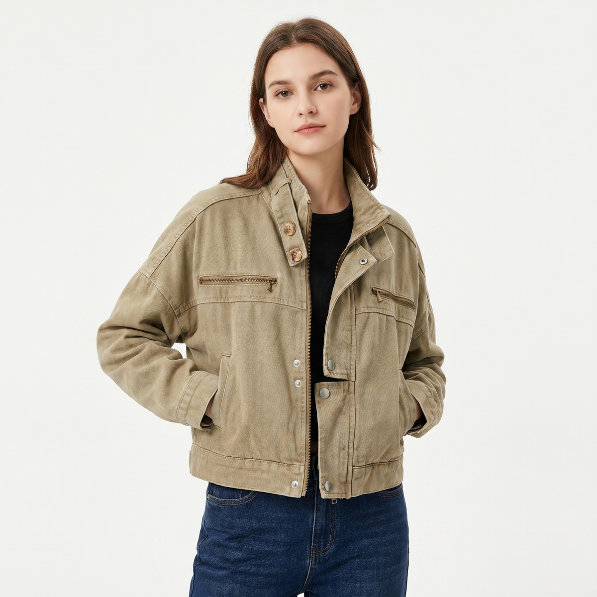 Women's Washed Cotton Utility Jacket Cropped Stand Collar Zip Snap Button Casual