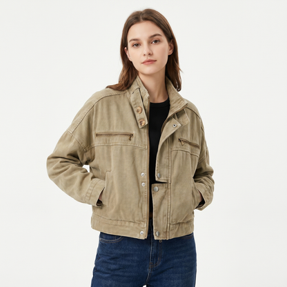 Women's Washed Cotton Utility Jacket Cropped Stand Collar Zip Snap Button Casual