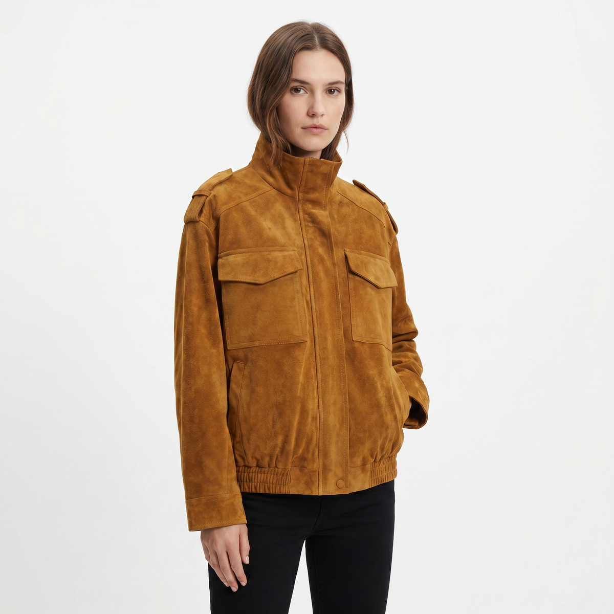 Women's Suede Leather Bomber Jacket Stand Collar Chest Pocket Epaulette Oversized