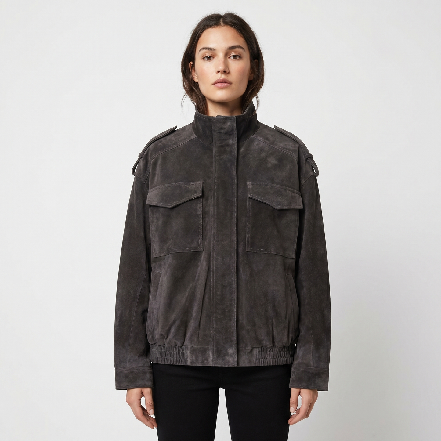 Women's Suede Leather Bomber Jacket Stand Collar Chest Pocket Epaulette Oversized