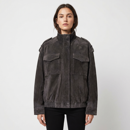 Women's Suede Leather Bomber Jacket Stand Collar Chest Pocket Epaulette Oversized