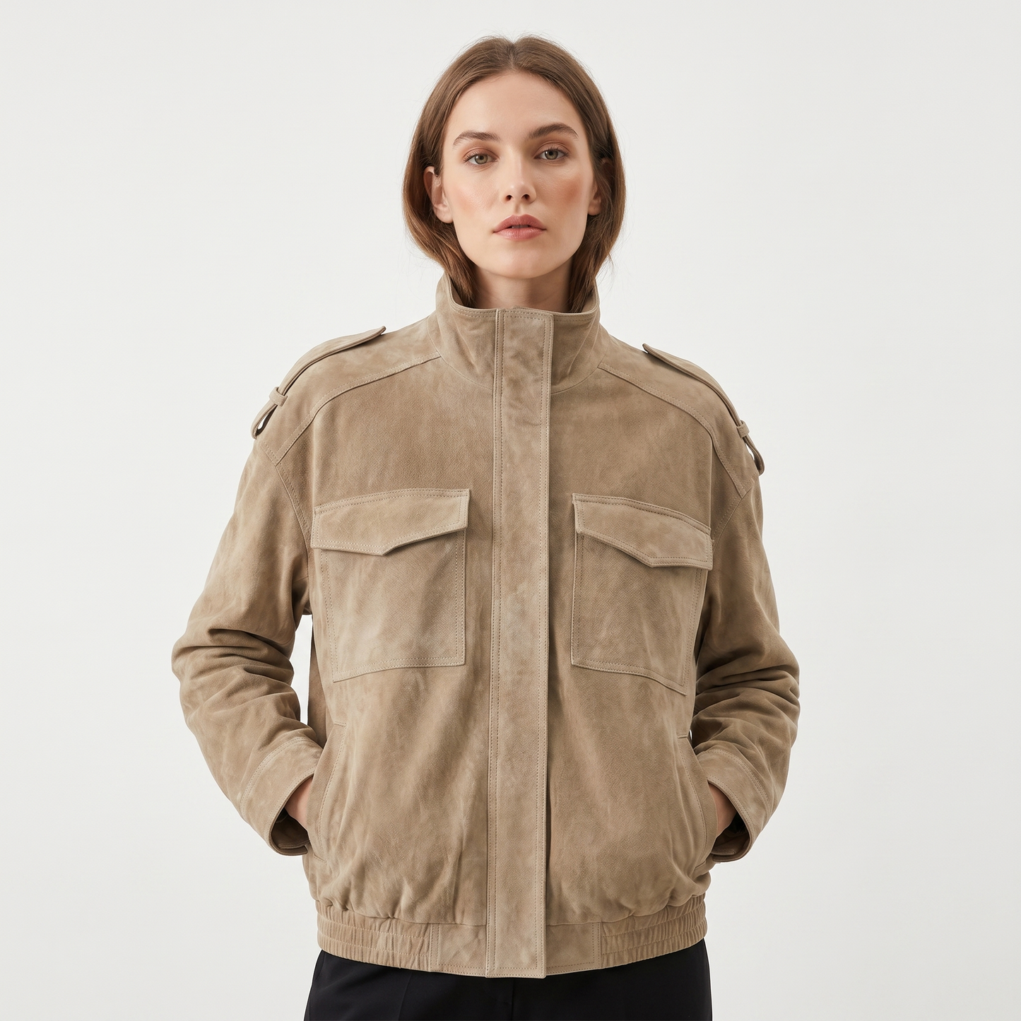 Women's Suede Leather Bomber Jacket Stand Collar Chest Pocket Epaulette Oversized