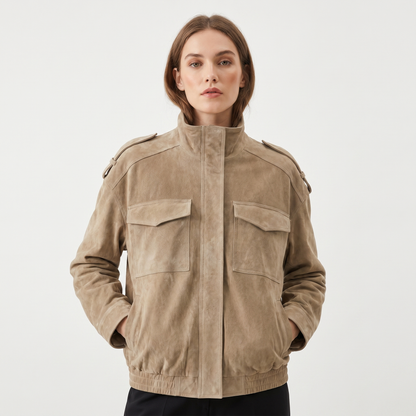 Women's Suede Leather Bomber Jacket Stand Collar Chest Pocket Epaulette Oversized