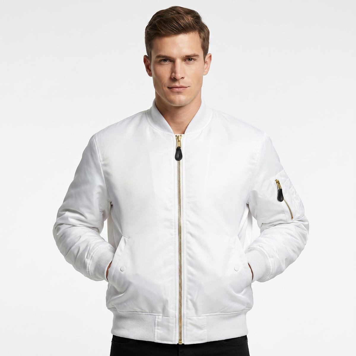 Men's MA-1 Flight Bomber Jacket Nylon Shell Gold Zip Padded Military Casual Coat