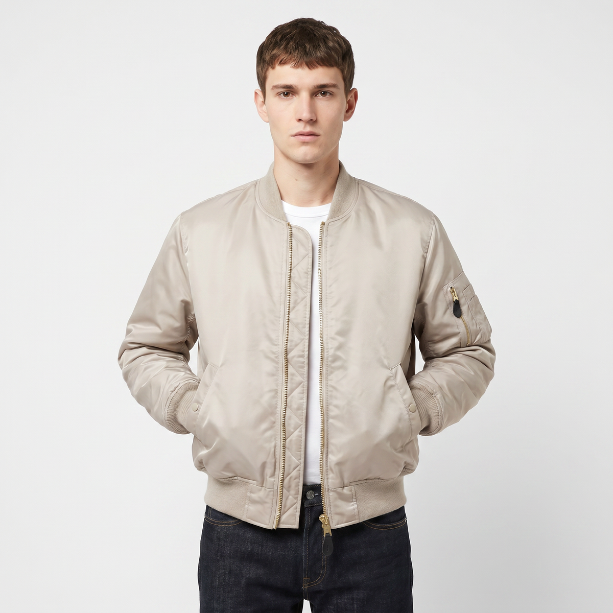 Men's MA-1 Flight Bomber Jacket Nylon Shell Gold Zip Padded Military Casual Coat