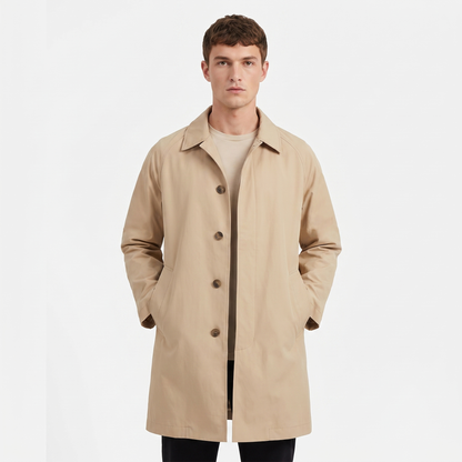 Men's Mac Coat Single Breasted Button Front Raincoat Mid Length Casual Overcoat