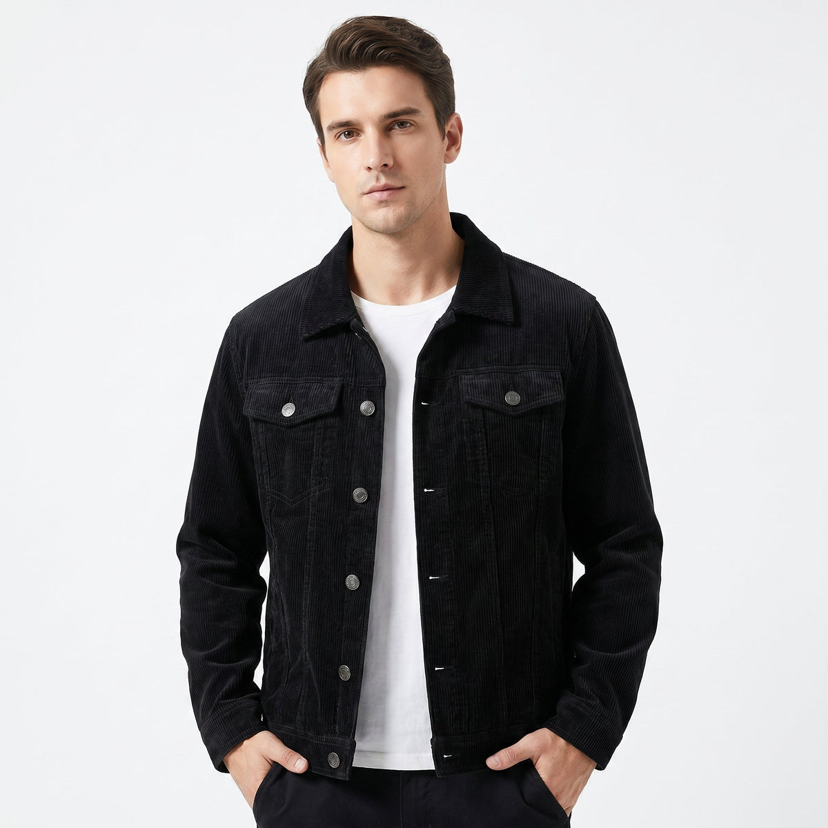 Men's Corduroy Trucker Jacket Button Front Lined Chest Pocket Casual Overshirt Coat