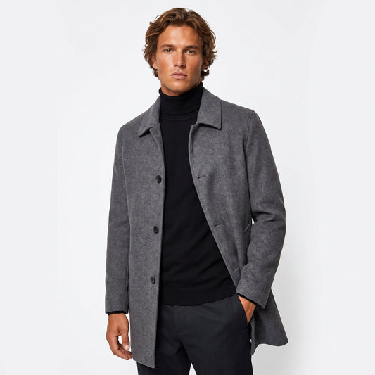 Men's Wool Blend Overcoat Single Breasted Mid Length Smart Winter Coat Casual