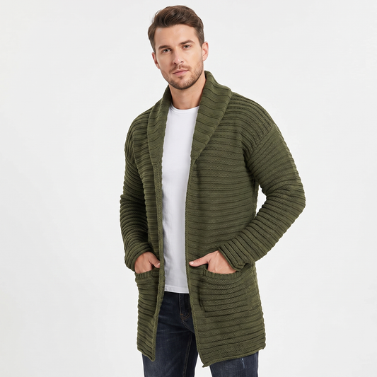 Men's Longline Open Front Cardigan Chunky Rib Knit Shawl Collar Sweater Coat