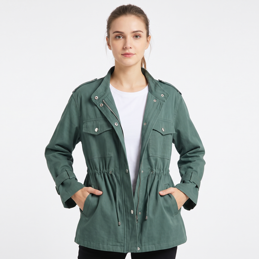 Women's Drawstring Waist Utility Jacket Zip Up Chest Pockets Casual Field Coat