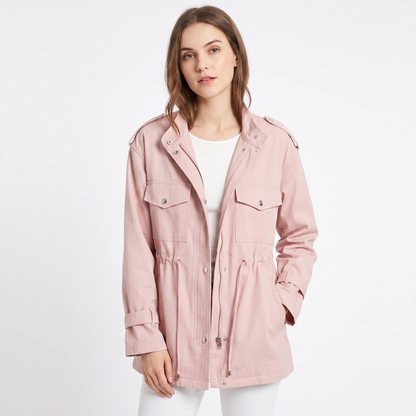 Women's Drawstring Waist Utility Jacket Zip Up Chest Pockets Casual Field Coat