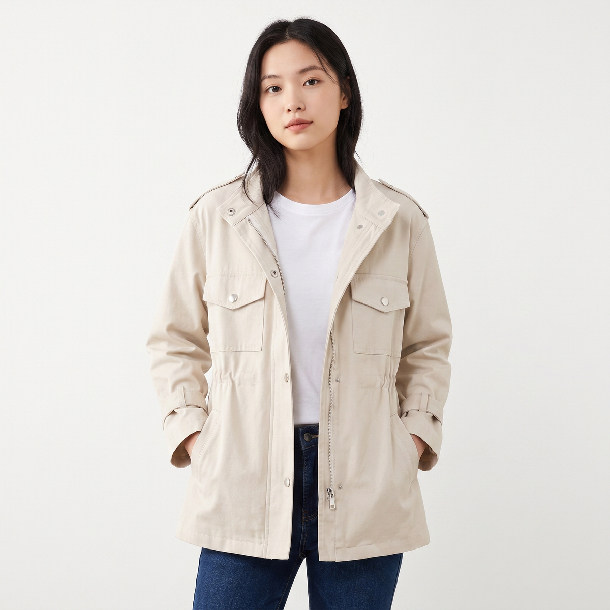 Women's Drawstring Waist Utility Jacket Zip Up Chest Pockets Casual Field Coat