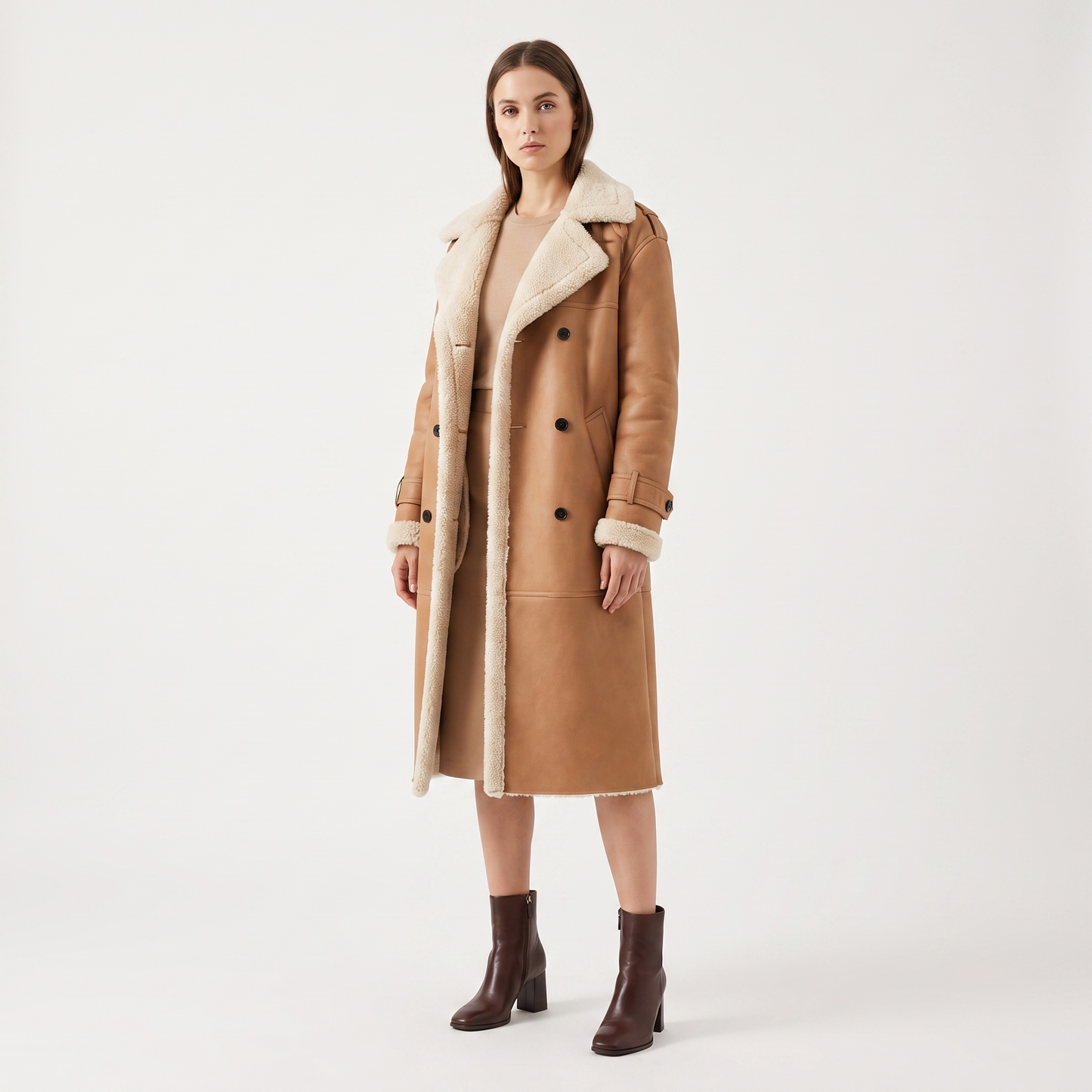 Women's Shearling Lined Double Breasted Long Coat Faux Suede Teddy Winter Jacket