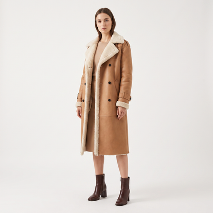 Women's Shearling Lined Double Breasted Long Coat Faux Suede Teddy Winter Jacket