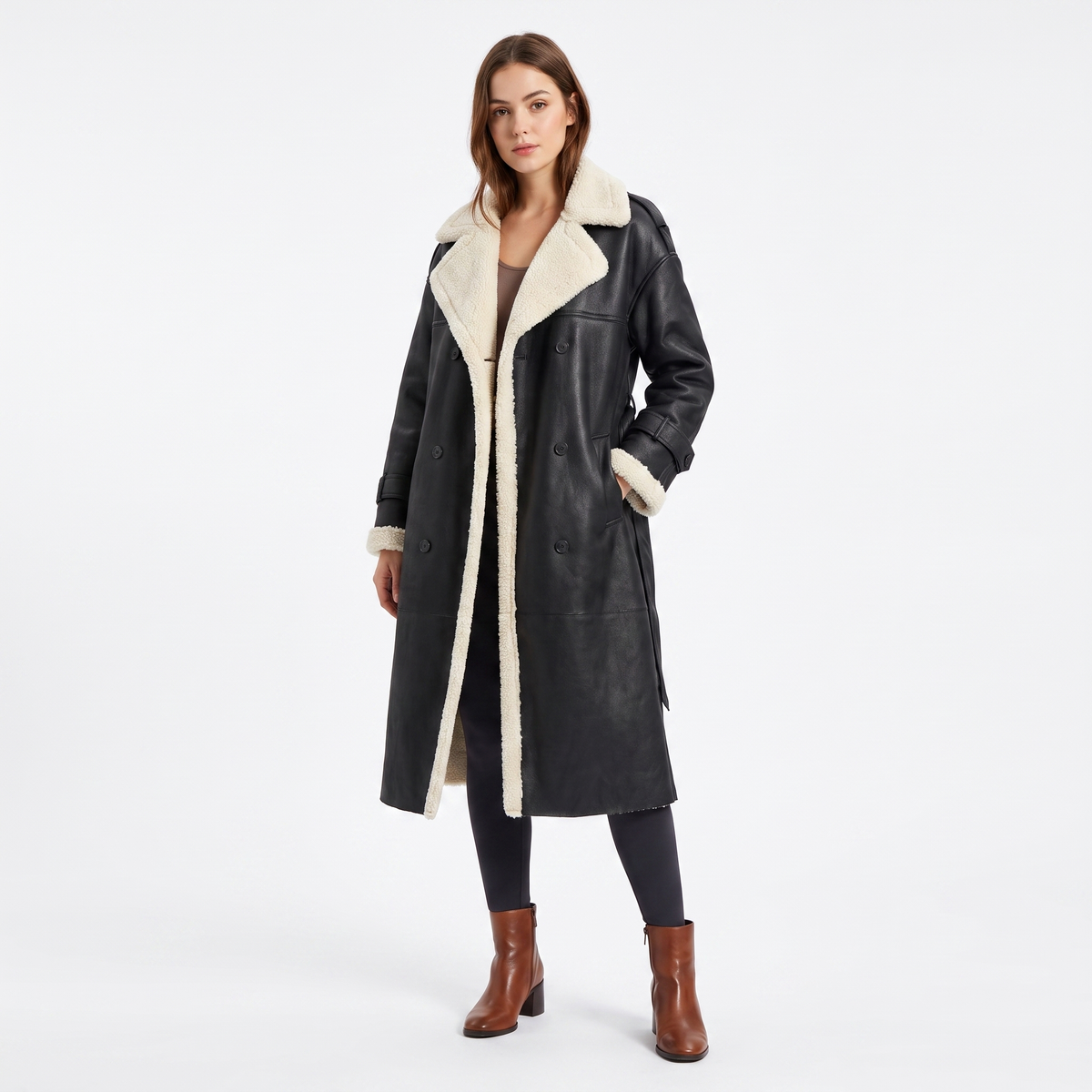 Women's Shearling Lined Double Breasted Long Coat Faux Suede Teddy Winter Jacket