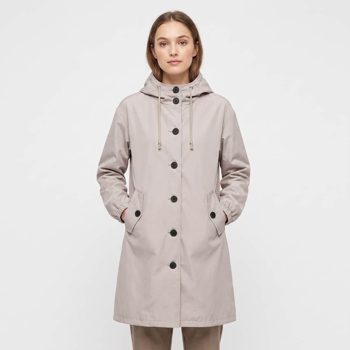 Women's Waterproof Hooded Rain Coat Button Front Longline Windproof Outdoor Jacket