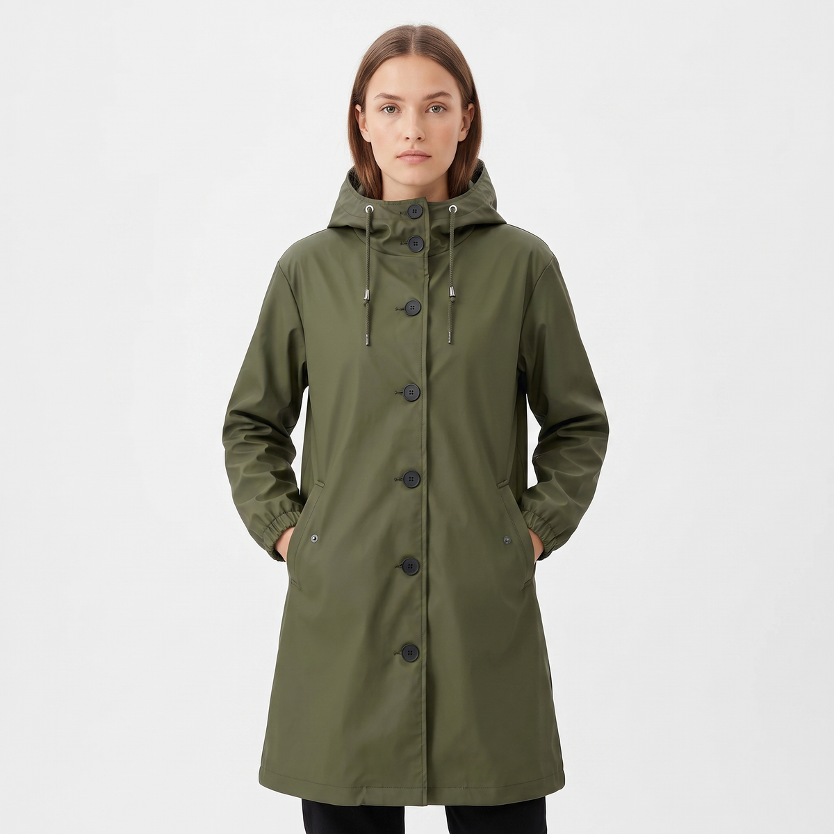 Women's Waterproof Hooded Rain Coat Button Front Longline Windproof Outdoor Jacket