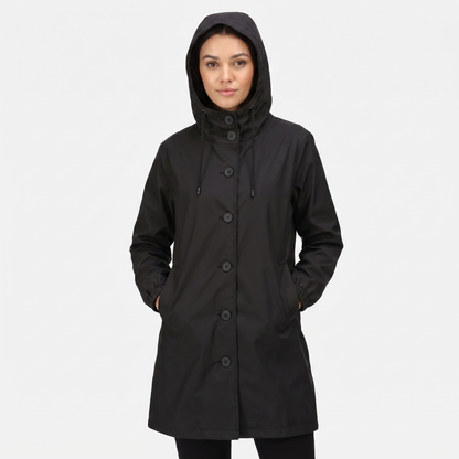 Women's Waterproof Hooded Rain Coat Button Front Longline Windproof Outdoor Jacket