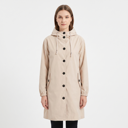 Women's Waterproof Hooded Rain Coat Button Front Longline Windproof Outdoor Jacket