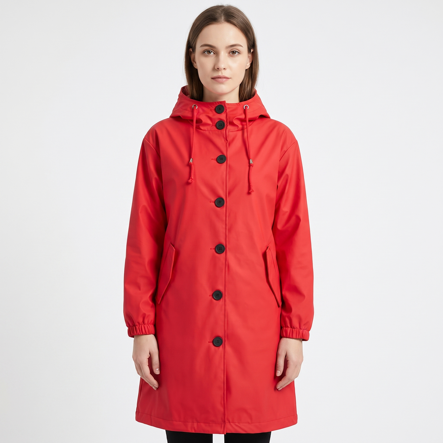 Women's Waterproof Hooded Rain Coat Button Front Longline Windproof Outdoor Jacket
