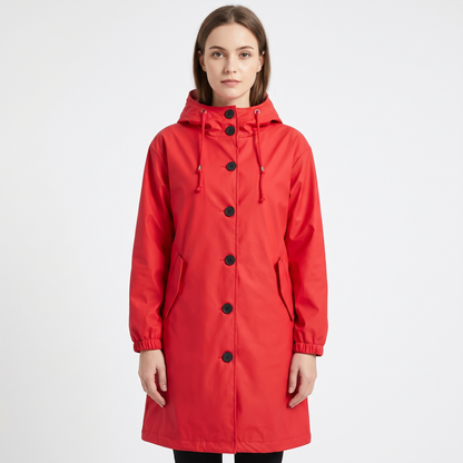 Women's Waterproof Hooded Rain Coat Button Front Longline Windproof Outdoor Jacket