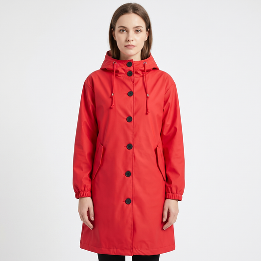 Women's Waterproof Hooded Rain Coat Button Front Longline Windproof Outdoor Jacket