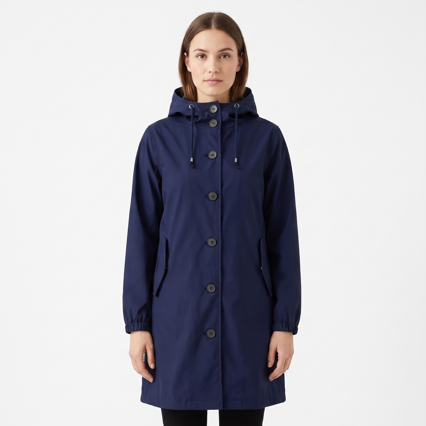 Women's Waterproof Hooded Rain Coat Button Front Longline Windproof Outdoor Jacket