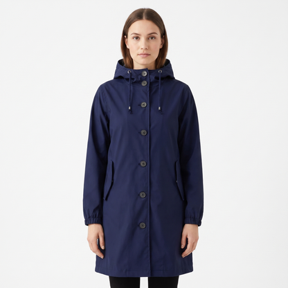 Women's Waterproof Hooded Rain Coat Button Front Longline Windproof Outdoor Jacket