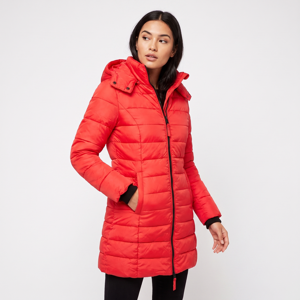 Women's Fitted Hooded Puffer Coat Quilted Zip Up Longline Padded Winter Jacket