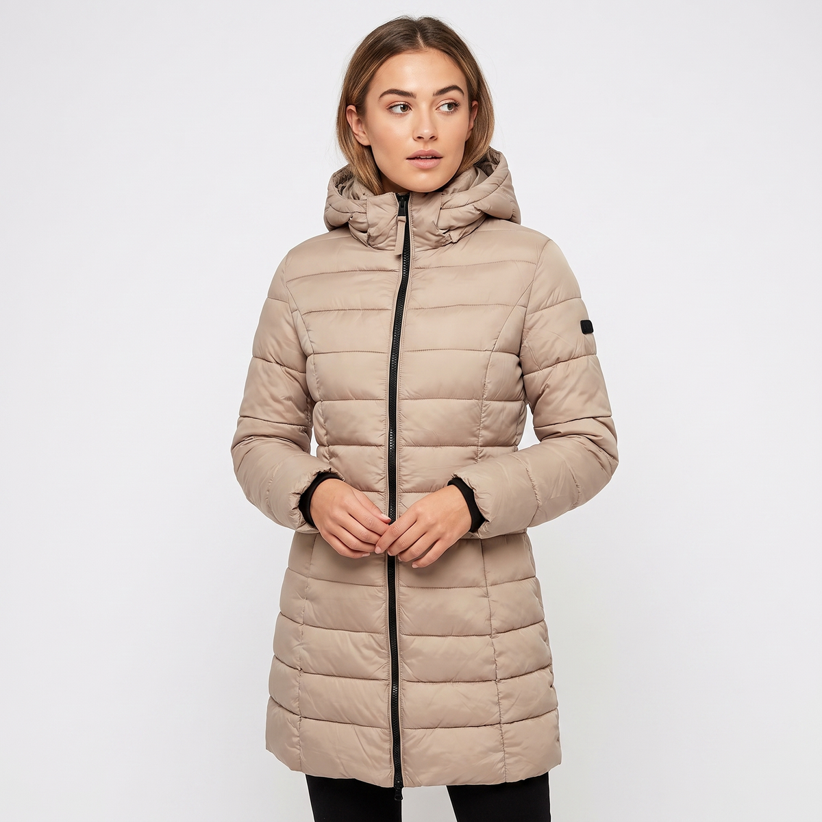 Women's Fitted Hooded Puffer Coat Quilted Zip Up Longline Padded Winter Jacket