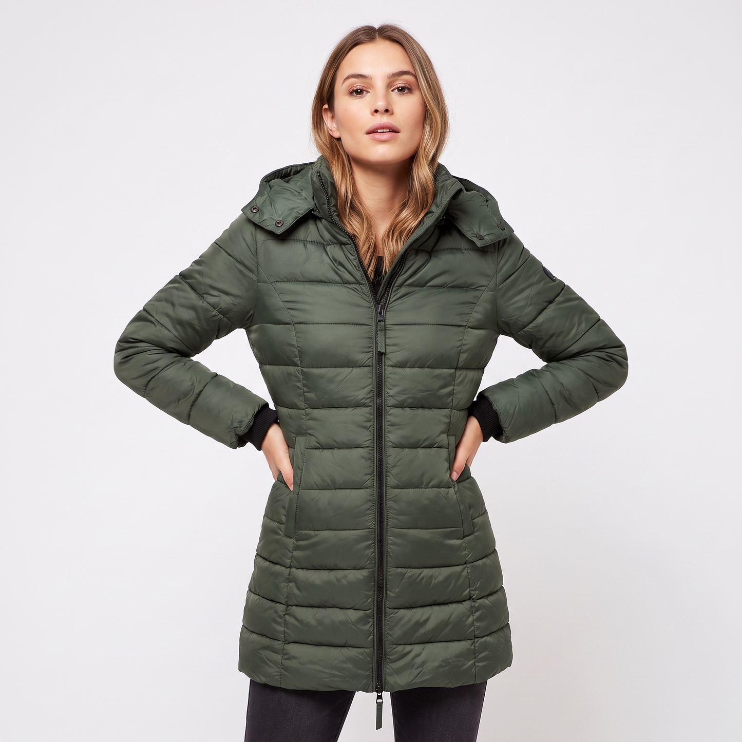 Women's Fitted Hooded Puffer Coat Quilted Zip Up Longline Padded Winter Jacket