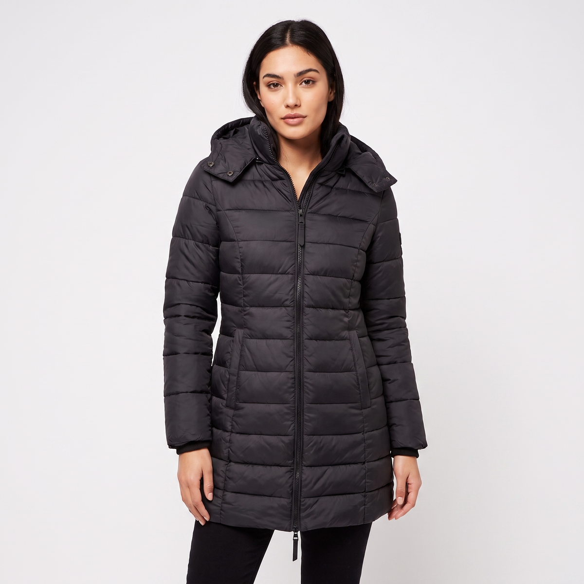 Women's Fitted Hooded Puffer Coat Quilted Zip Up Longline Padded Winter Jacket