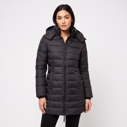 Women's Fitted Hooded Puffer Coat Quilted Zip Up Longline Padded Winter Jacket