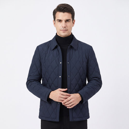 Men's Diamond Quilted Jacket Snap Button Collared Slim Fit Padded Winter Coat