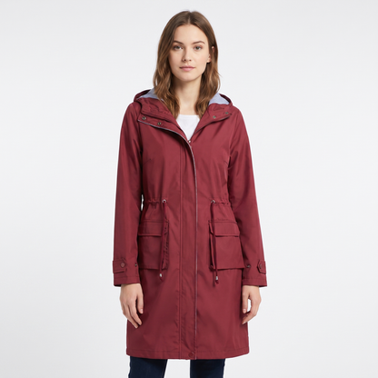 Women's Waterproof Longline Rain Coat Hooded Drawstring Waist Stripe Lined Jacket