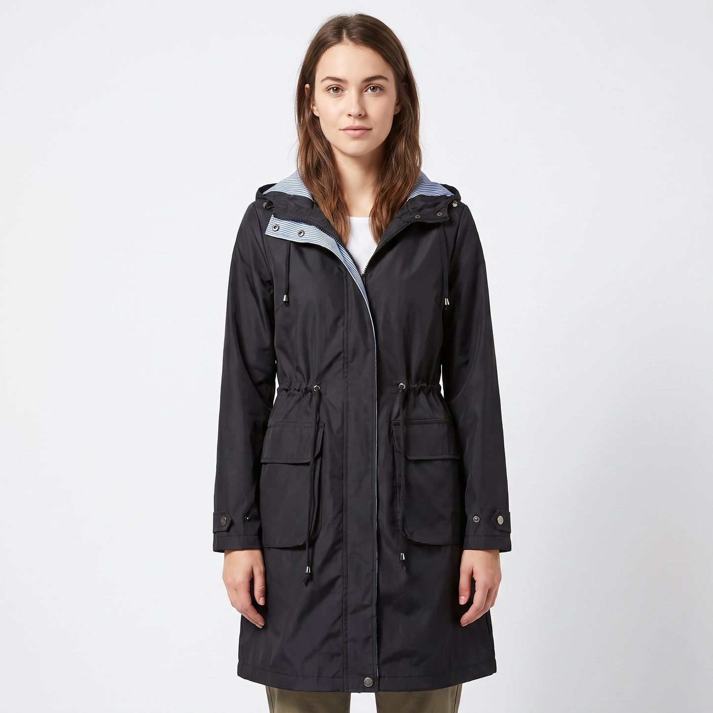 Women's Waterproof Longline Rain Coat Hooded Drawstring Waist Stripe Lined Jacket