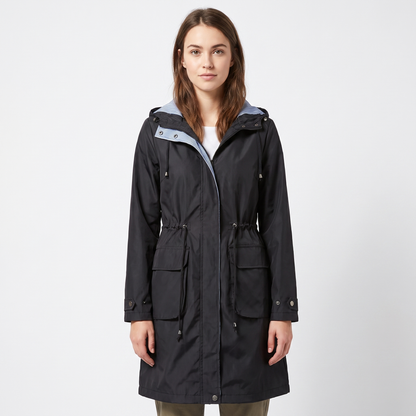 Women's Waterproof Longline Rain Coat Hooded Drawstring Waist Stripe Lined Jacket